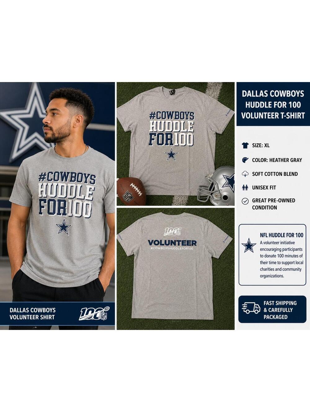 Dallas Cowboys Huddle For 100 Volunteer T-Shirt – XL – NFL Community Service